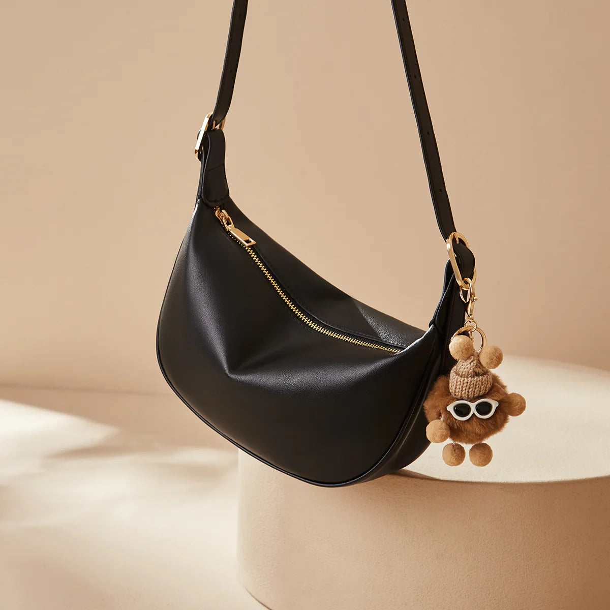 Nalandu Crescent Leather Crossbody Shoulder Bag with Bear Charm - Black