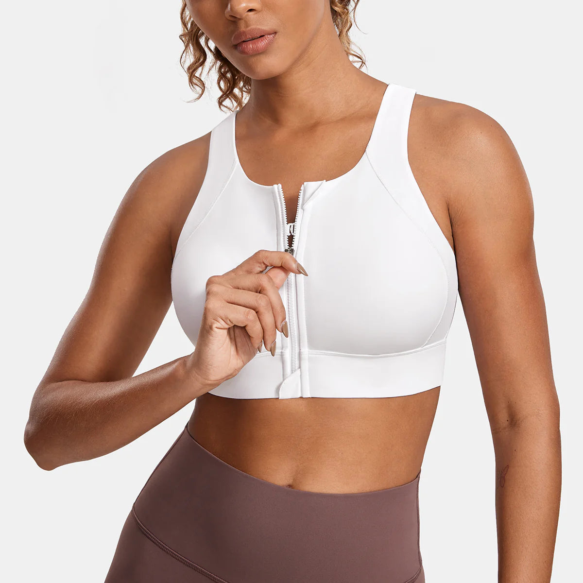 Power On Zip Front Racerback High Impact Sports Bra - White