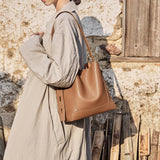Nalandu Luxe Genuine Leather Bucket Tote Shoulder Bag - Brown