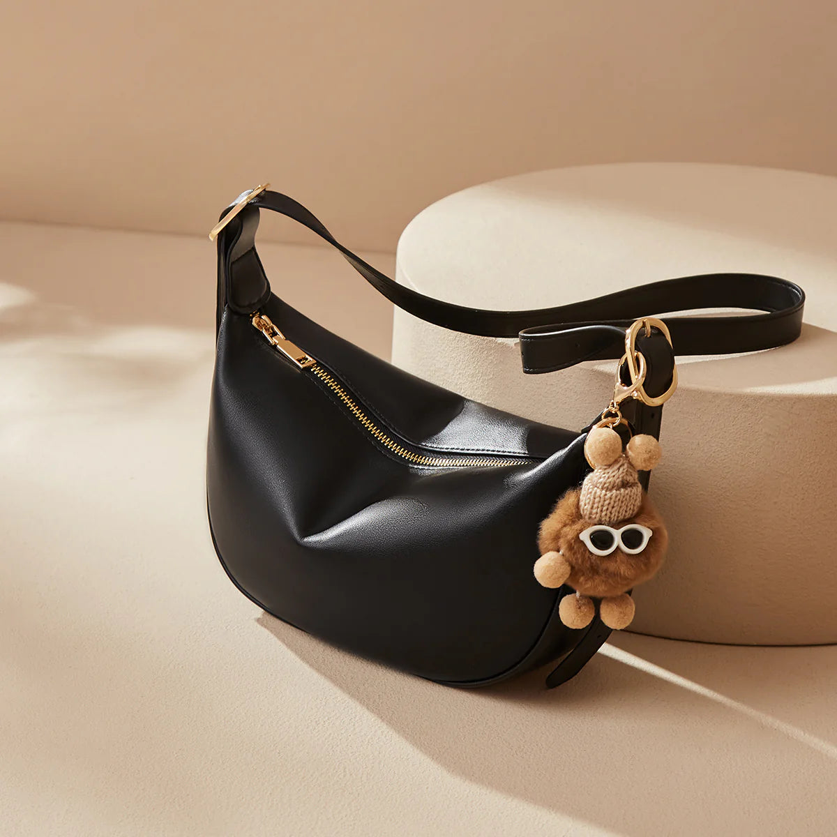 Nalandu Crescent Leather Crossbody Shoulder Bag with Bear Charm - Black