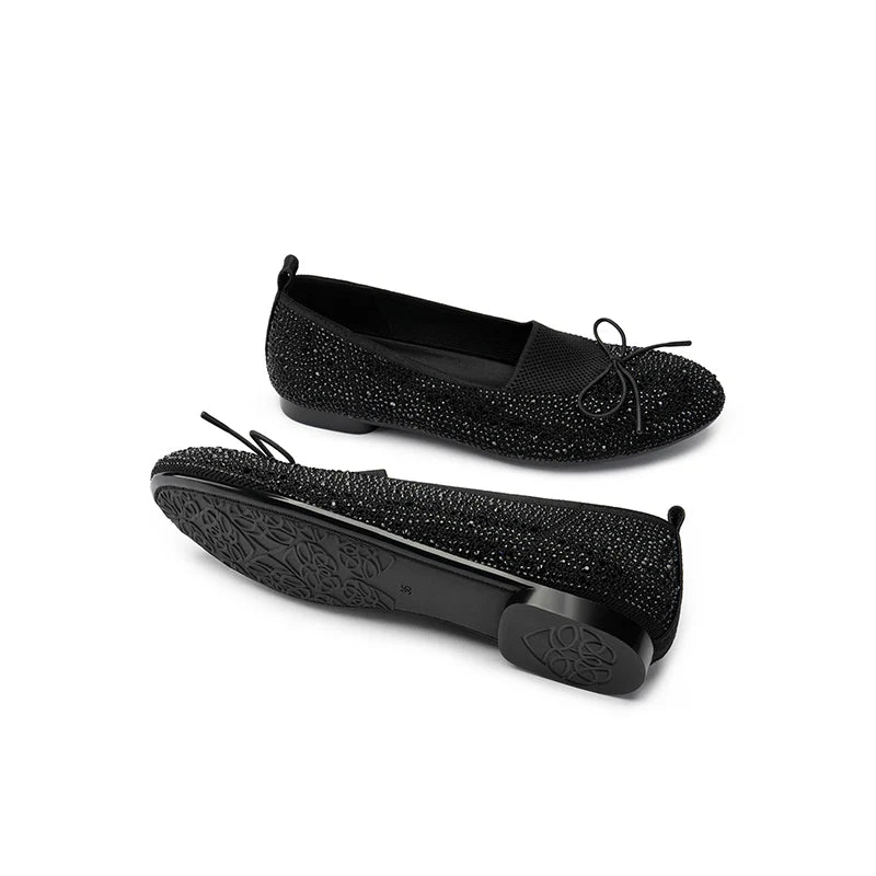 Rhinestone Bow Knit Round Toe Ballet Flats - Black