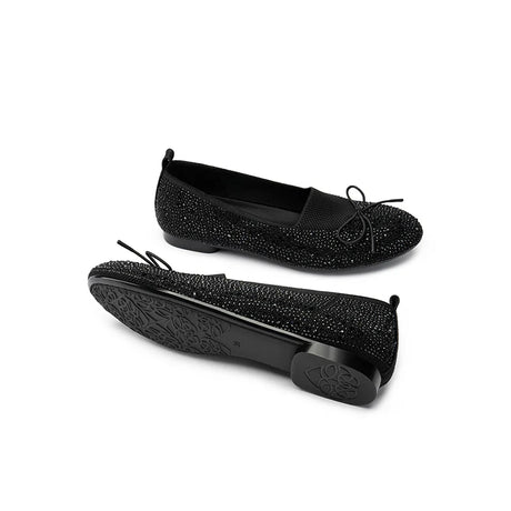 Rhinestone Bow Knit Round Toe Ballet Flats - Black