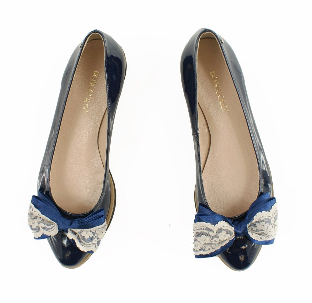 Bosccolo Womens Ballerina With Big Bow - Navy Blue Laquered/Lace