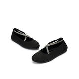 Rhinestone Cross Strap Knit Ballet Flats - Black