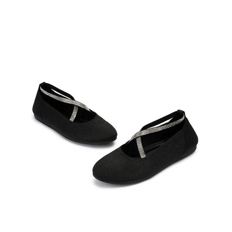 Rhinestone Cross Strap Knit Ballet Flats - Black