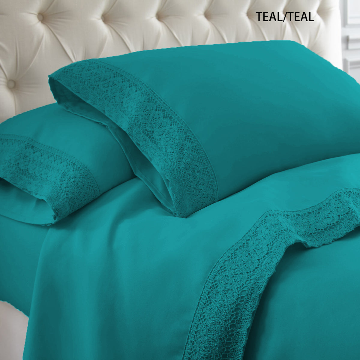 Ramesses Crochet-Lace Microfibre Sheet Set - Teal Lace Teal Fabric