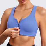 Power On Soft Padded High Impact Zip Front Sports Bra - Blue