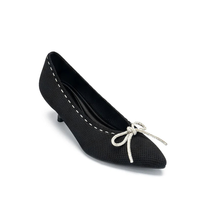 Rhinestone Bow Kitten Heels - Black