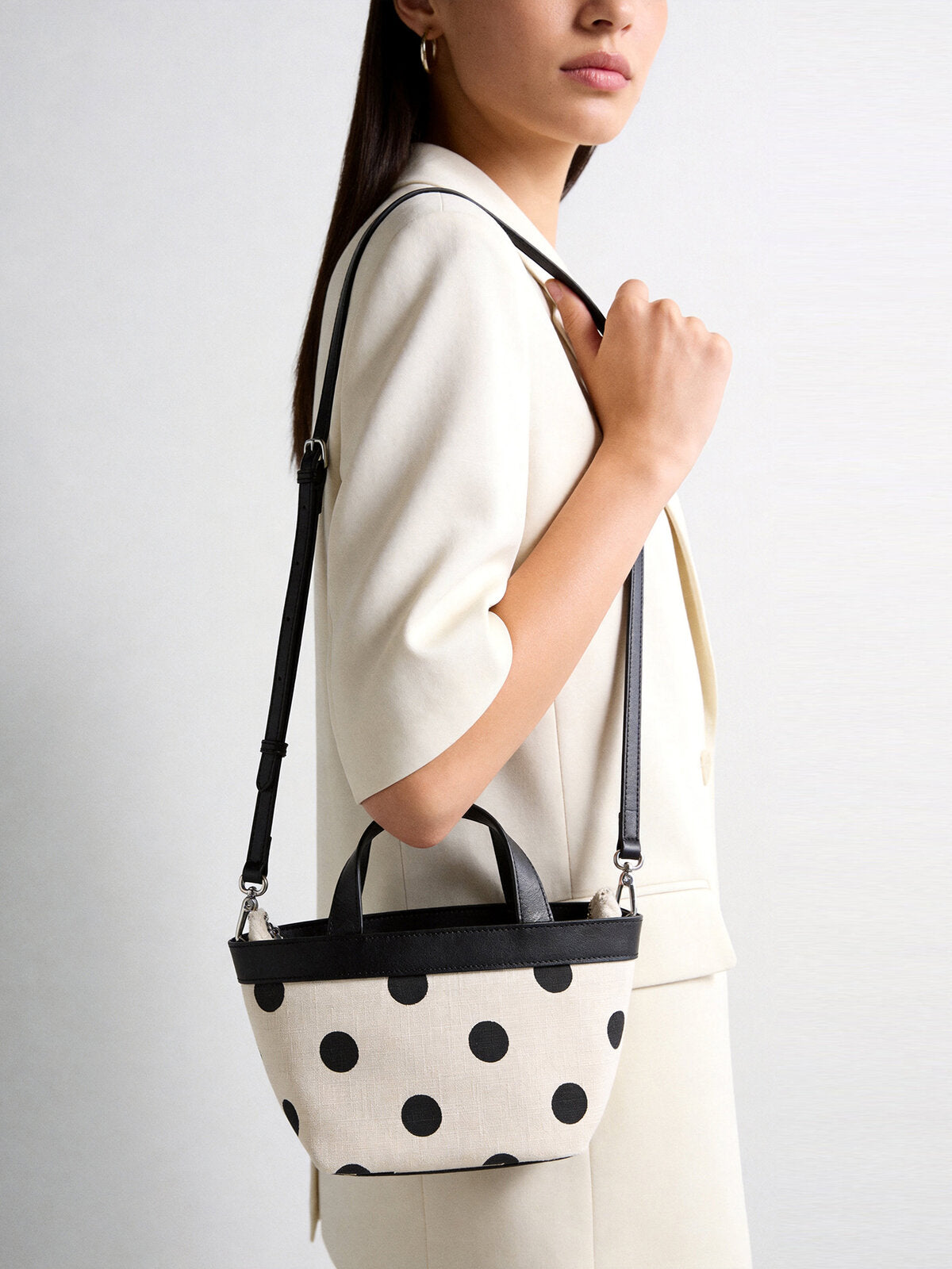 Polka Dot Cotton-Linen Canvas Mini Tote Bag - Ivory