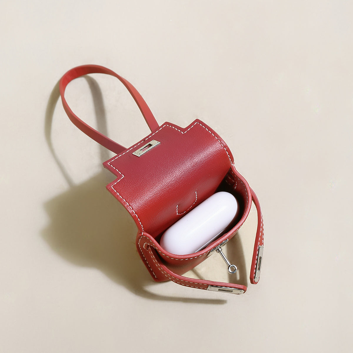 Leather Crafted AirPods Case Wrist Pouch - Red