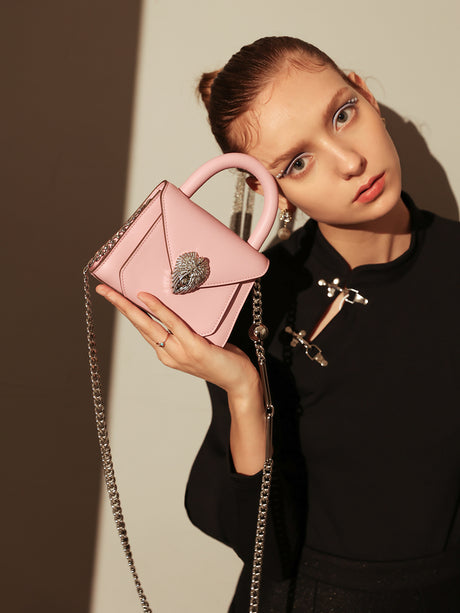 Avant Garde Silver Chain Strap Leather Top Handle Bag - Pink