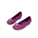 Pearl Bow Czech Crystal Knit Round Toe Wedge Pumps - Fuchsia