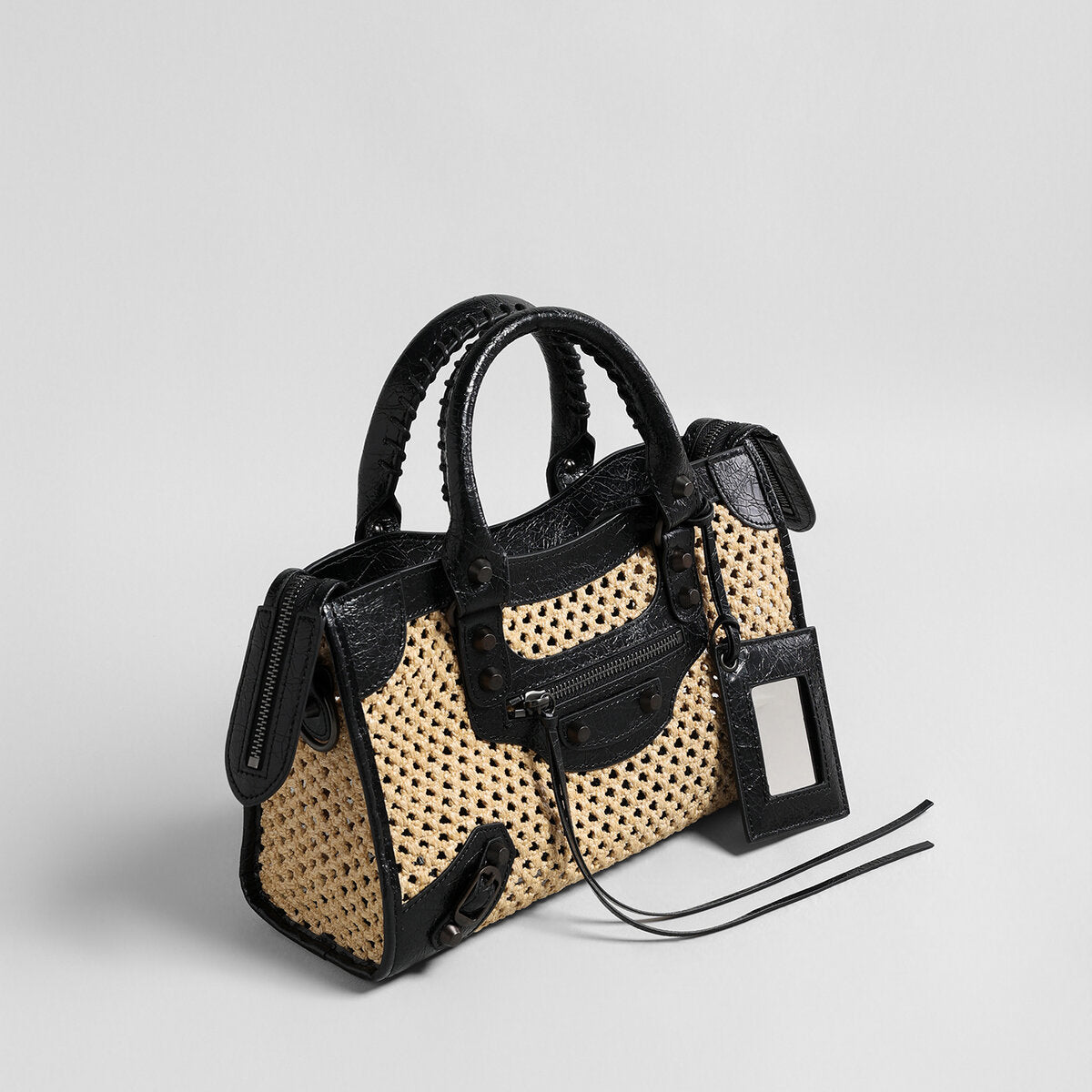 Studded Woven Straw Moto Bag - Black