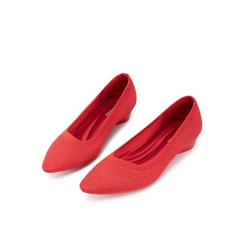 Diagonal Cut Knit Pointed Toe Wedge Flats - Red