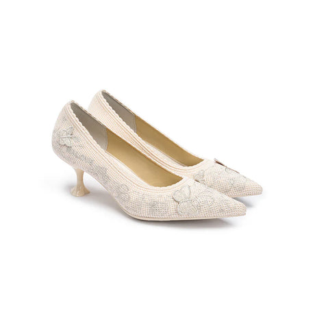 Floral Butterfly Pointed Toe Kitten Heels - Ivory