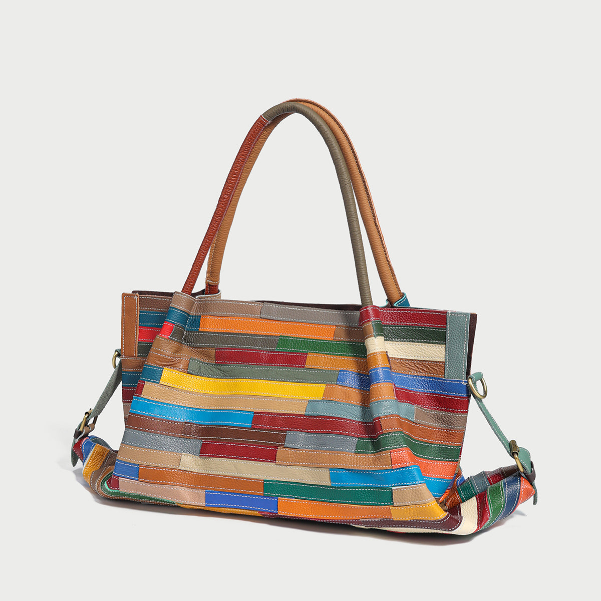 Multicolor Brick Patchwork Large Leather Tote Bag - Rainbow