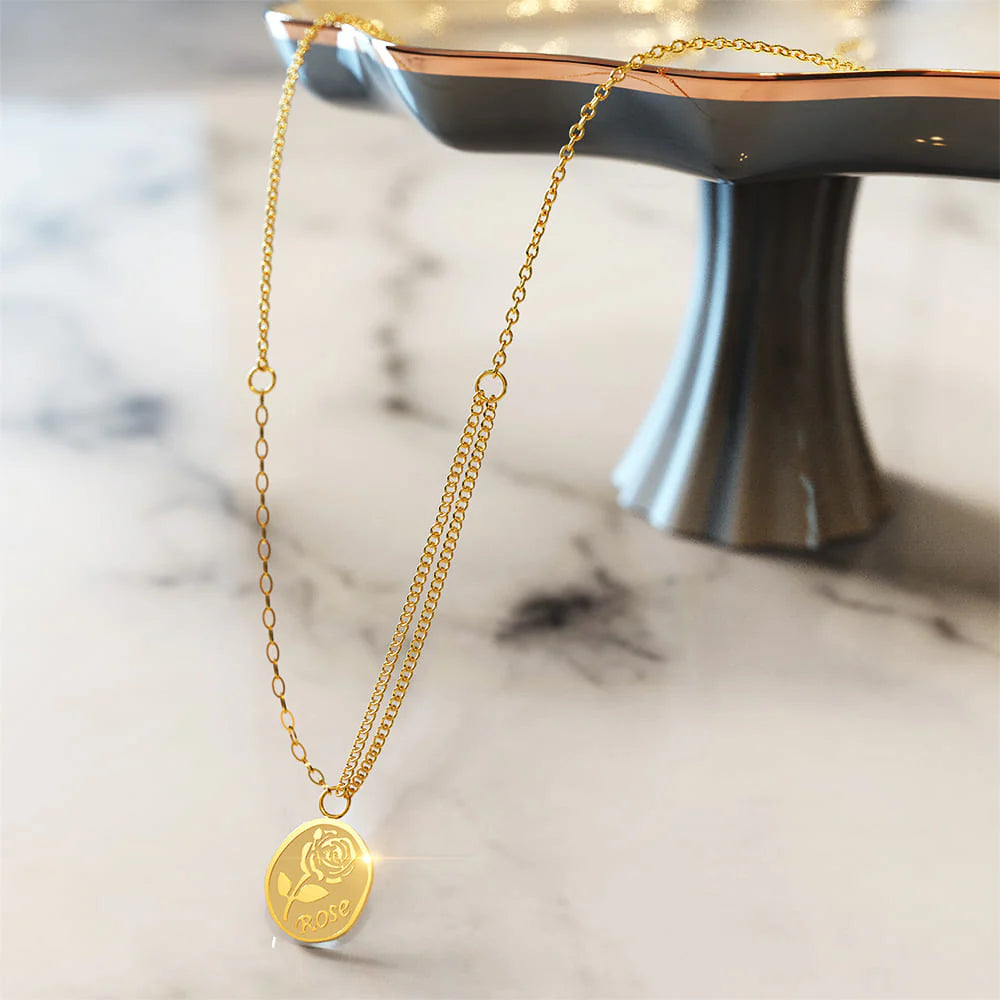 Bullion Gold Golden Rose Engraved Pendant Necklace