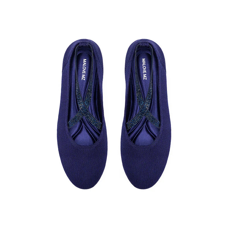 Rhinestone Cross Strap Knit Ballet Flats - Navy