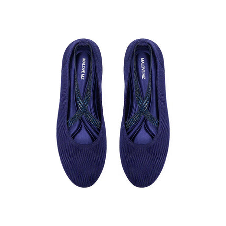 Rhinestone Cross Strap Knit Ballet Flats - Navy