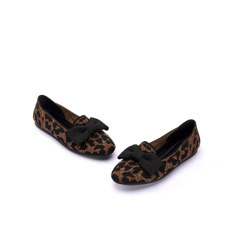 Bow Detail Round Toe Knit Flat Loafers - Leopard