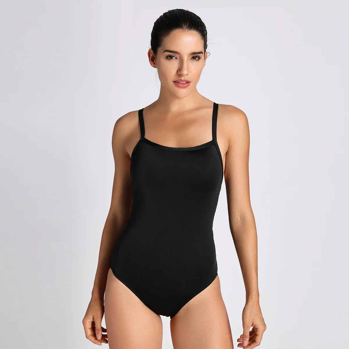 Sleek Solid Elite Training Athletic One Piece Swimsuit - Black