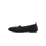 Rhinestone Bow Knit Round Toe Ballet Flats - Black