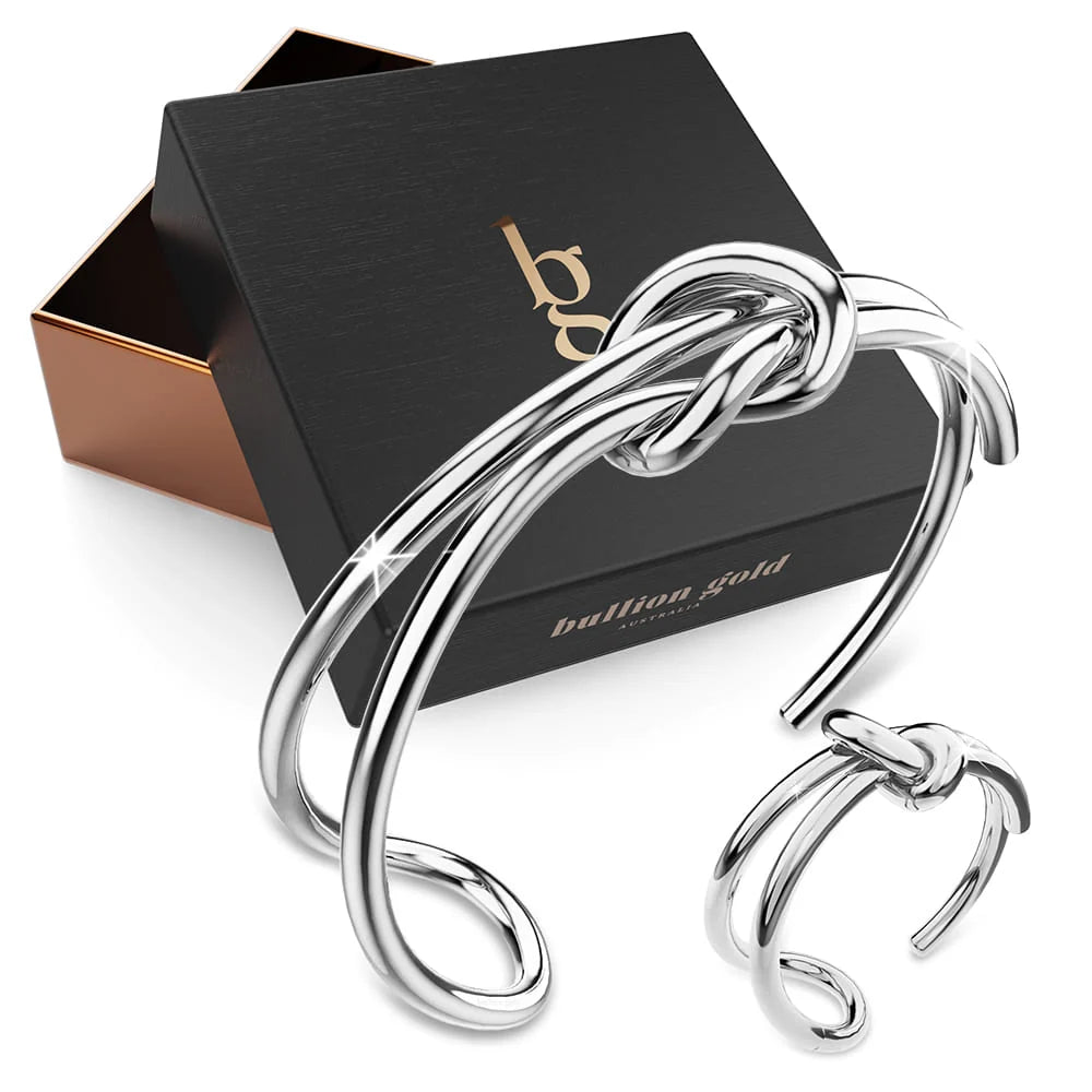 Boxed Forever Knot White Gold Titanium Cuff Bangle & Ring Set in White Gold