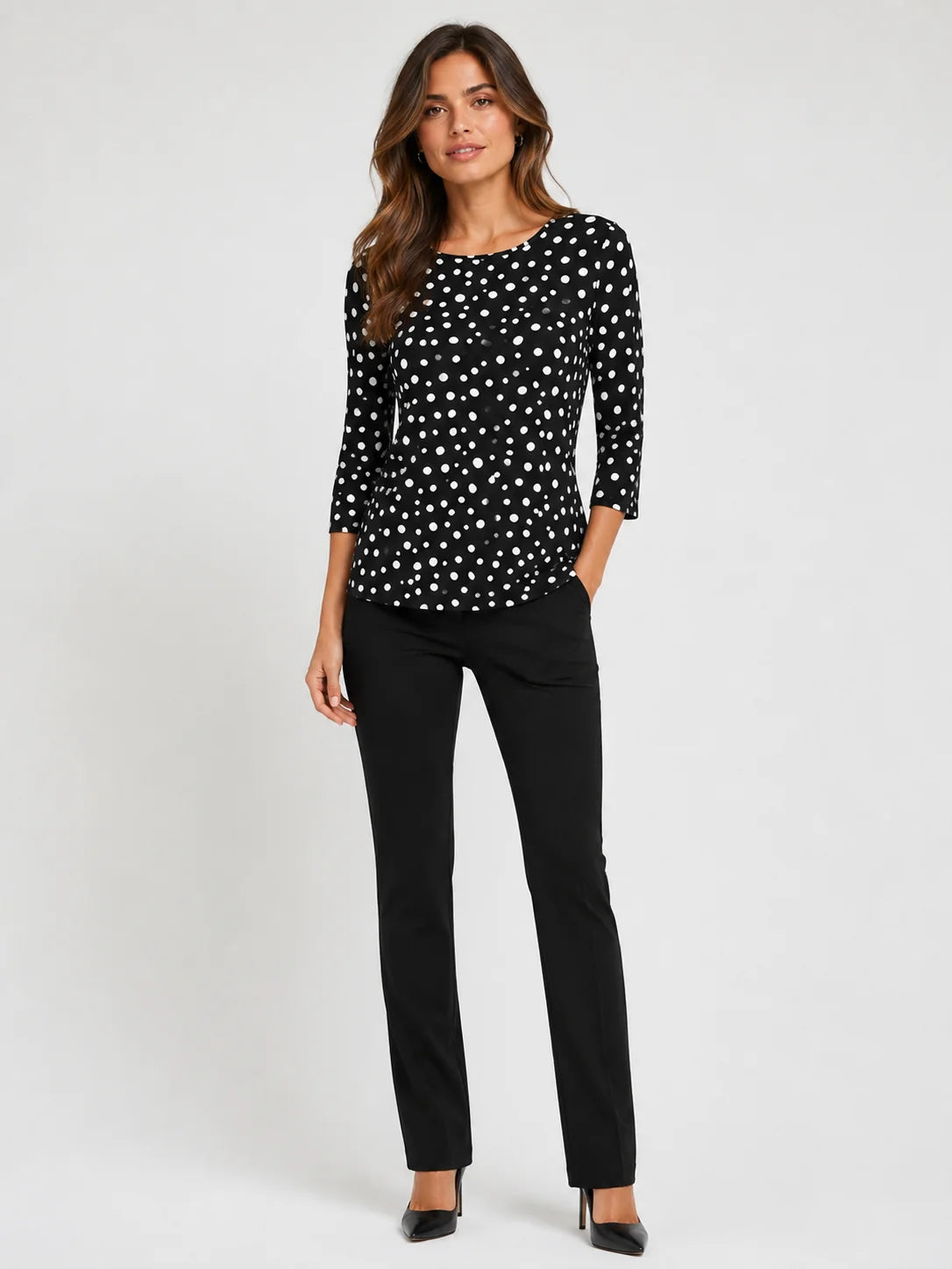 Worship Women's 3/4 Sleeve Top - Black-White-Polka
