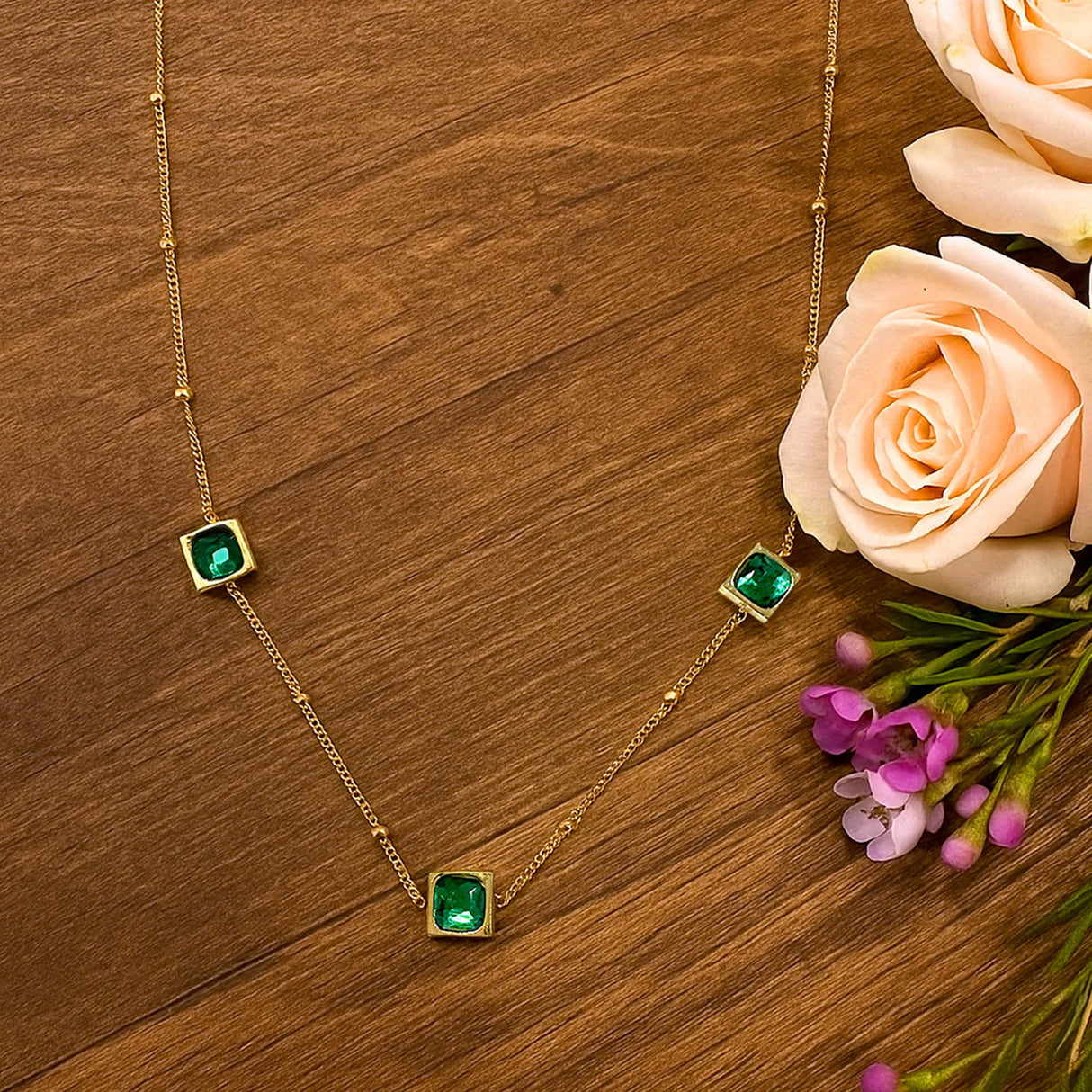 Bullion Gold Square Bezel Station Necklace in Emerald Green