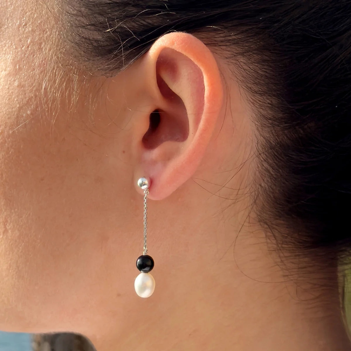 Drop Drop Earrings Freshwater Pearl & Black Obsidian White Sterling Silver