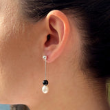 Drop Drop Earrings Freshwater Pearl & Black Obsidian White Sterling Silver