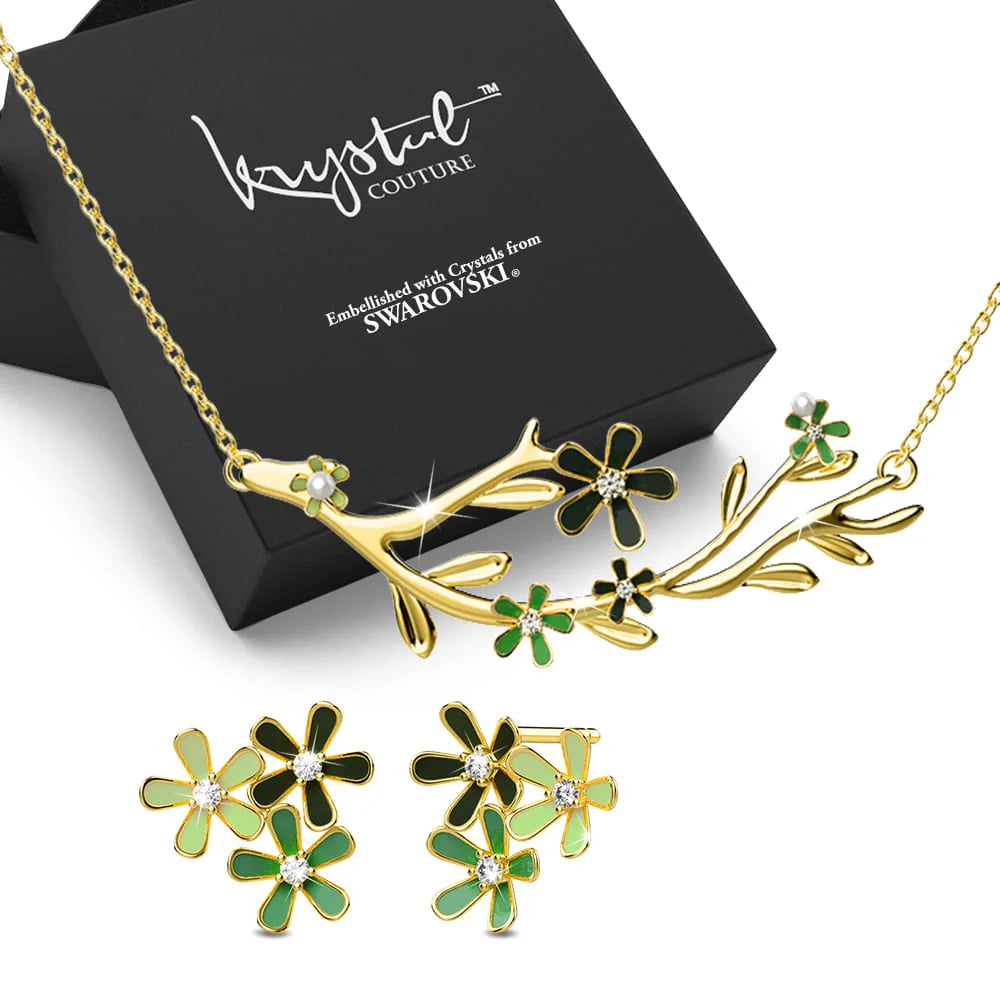 Boxed Petalia Olive Green Stud Earrings and Olive Necklace Featured SWAROVSKI® Crystals in Gold