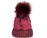 Cherry Red Cable Knit Beanie W/ Pom Pom - Burgundy