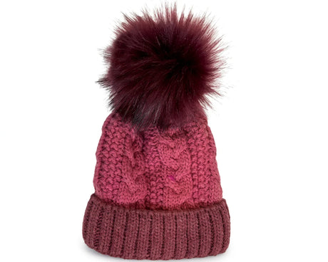 Cherry Red Cable Knit Beanie W/ Pom Pom - Burgundy