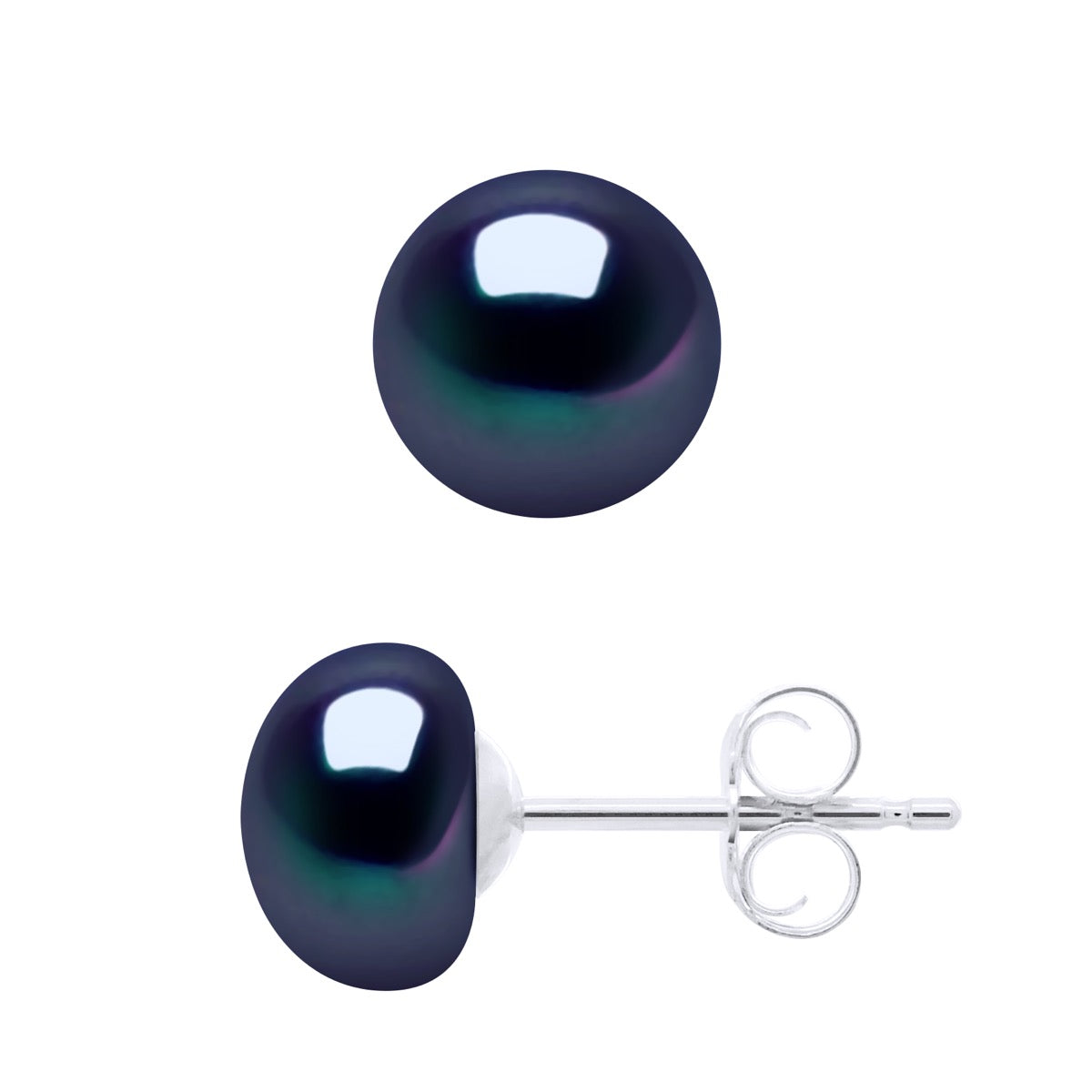 Earrings of Silver 925 and Real Cultured Freshwater Pearls Button 7-8 mm - Black "Tahitian Style"