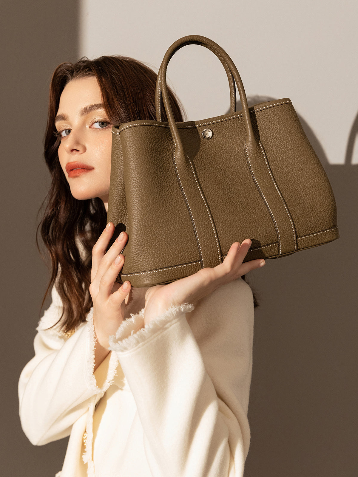 La Rochelle Pebbled Leather Top Handle Tote Bag - Taupe