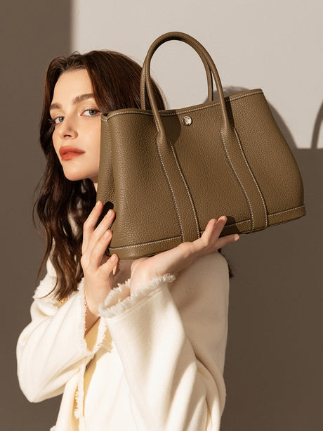 La Rochelle Pebbled Leather Top Handle Tote Bag - Taupe