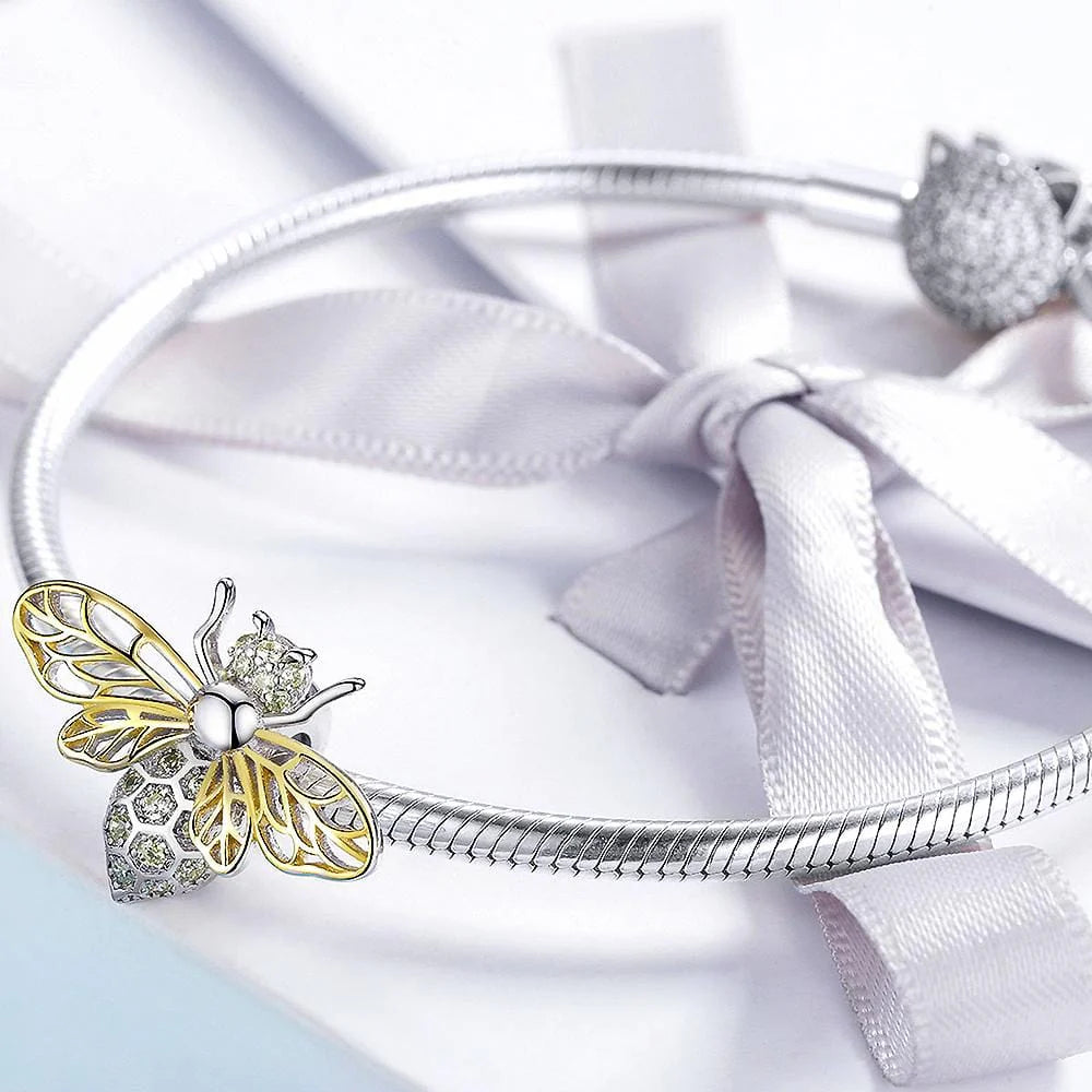 Solid 925 Sterling Silver Faint Yellow Bee CZ Charm
