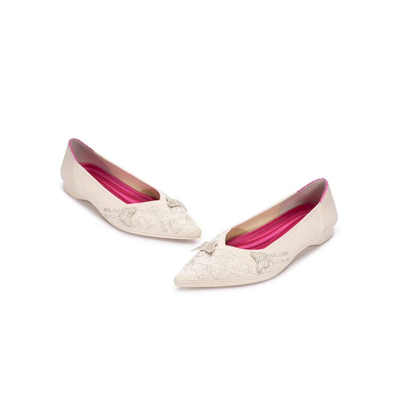 Butterfly Floral Knit Pointed Toe Ballet Flats - Ivory