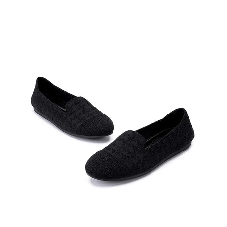 Houndstooth Knit Slip-On Flat Loafers - Black