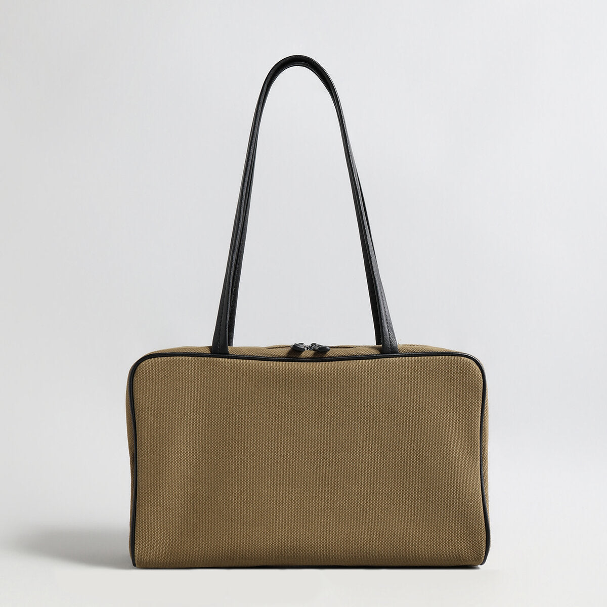 Canvas & Sheepskin Leather Box Tote Bag - Khaki