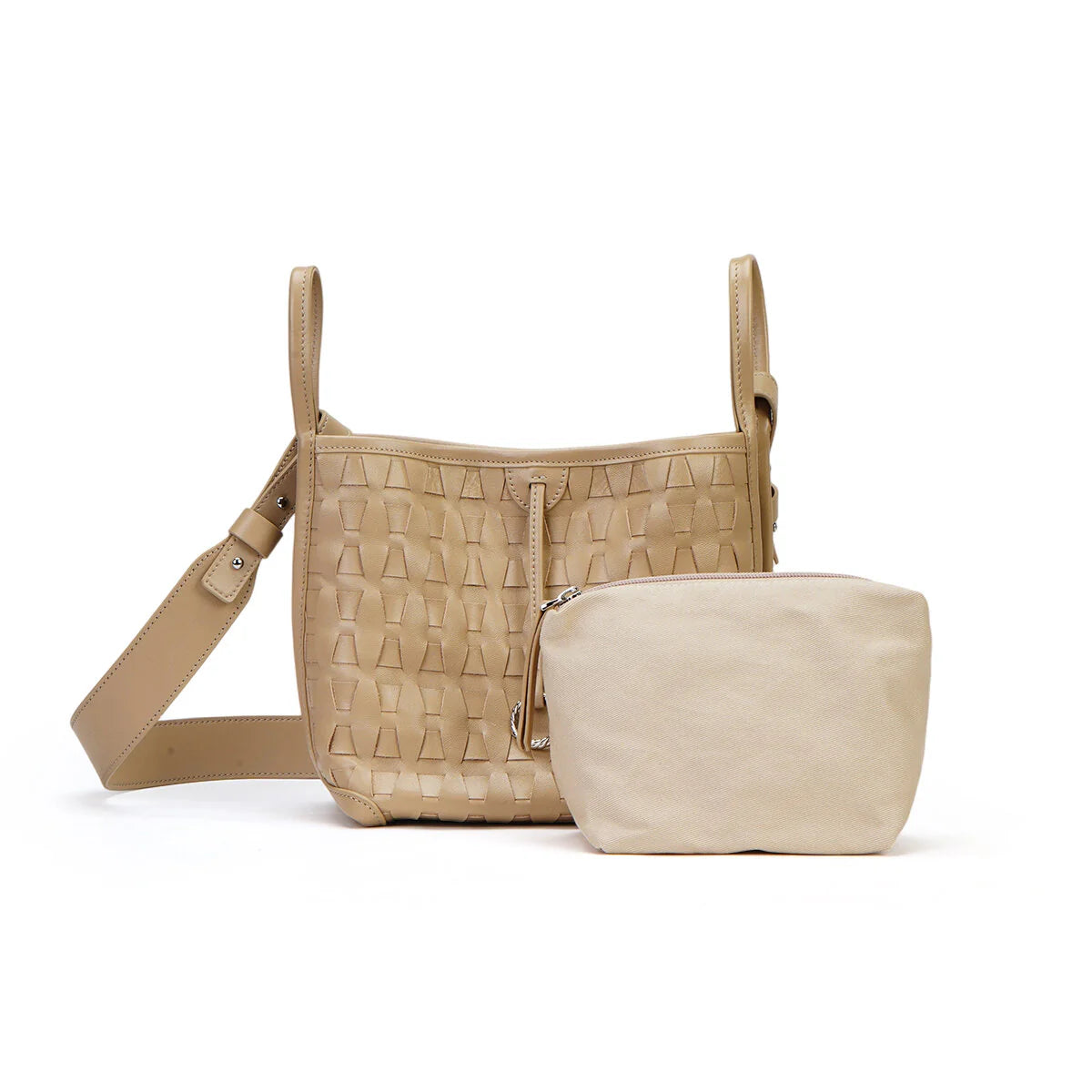 BAMEI Embossed Calfskin Leather Bucket Bag Set - Taupe