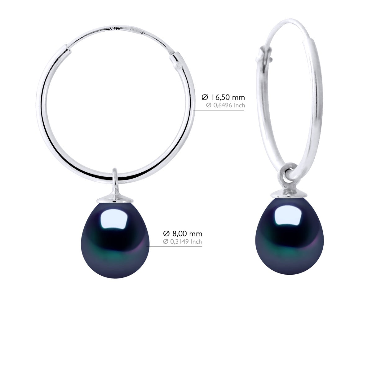 Earrings of Silver 925 Rhodium Plated and Real Freshwater Pearls Pear 8-9 mm - Black "Tahitian Style" - Longueur 42 cm