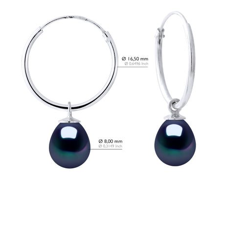 Earrings of Silver 925 Rhodium Plated and Real Freshwater Pearls Pear 8-9 mm - Black "Tahitian Style" - Longueur 42 cm