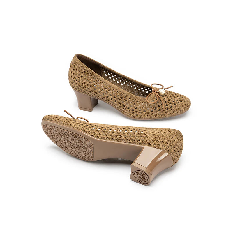 Pearl Bow Mesh Knit Round Toe Pumps - Tan