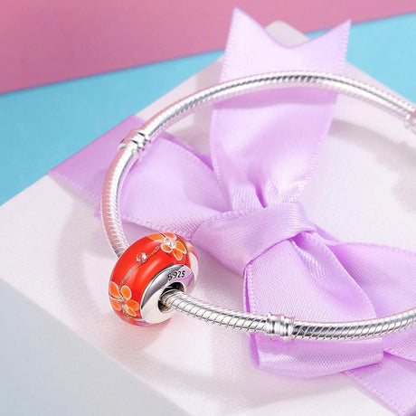 Solid 925 Sterling Silver Bright Orange Blossom Inclusion Murano Glass Charm