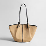 Large Paneled Woven Straw Tote Bag - Natural