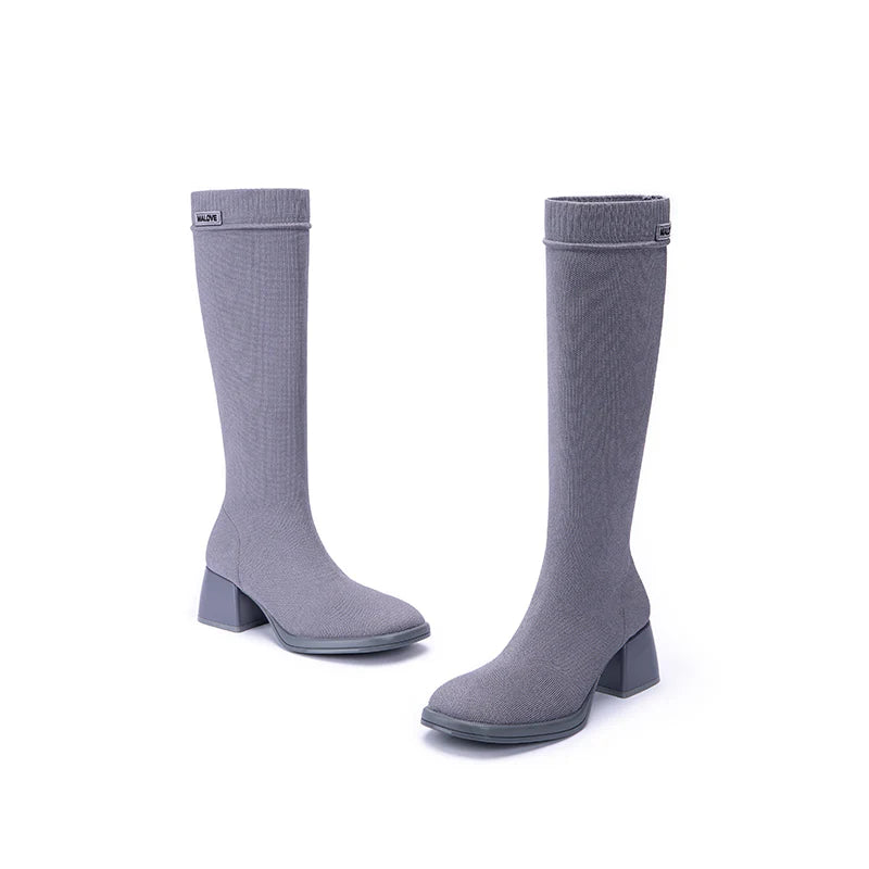 Mademoiselle Round Toe Knee High Sock Boots - Grey