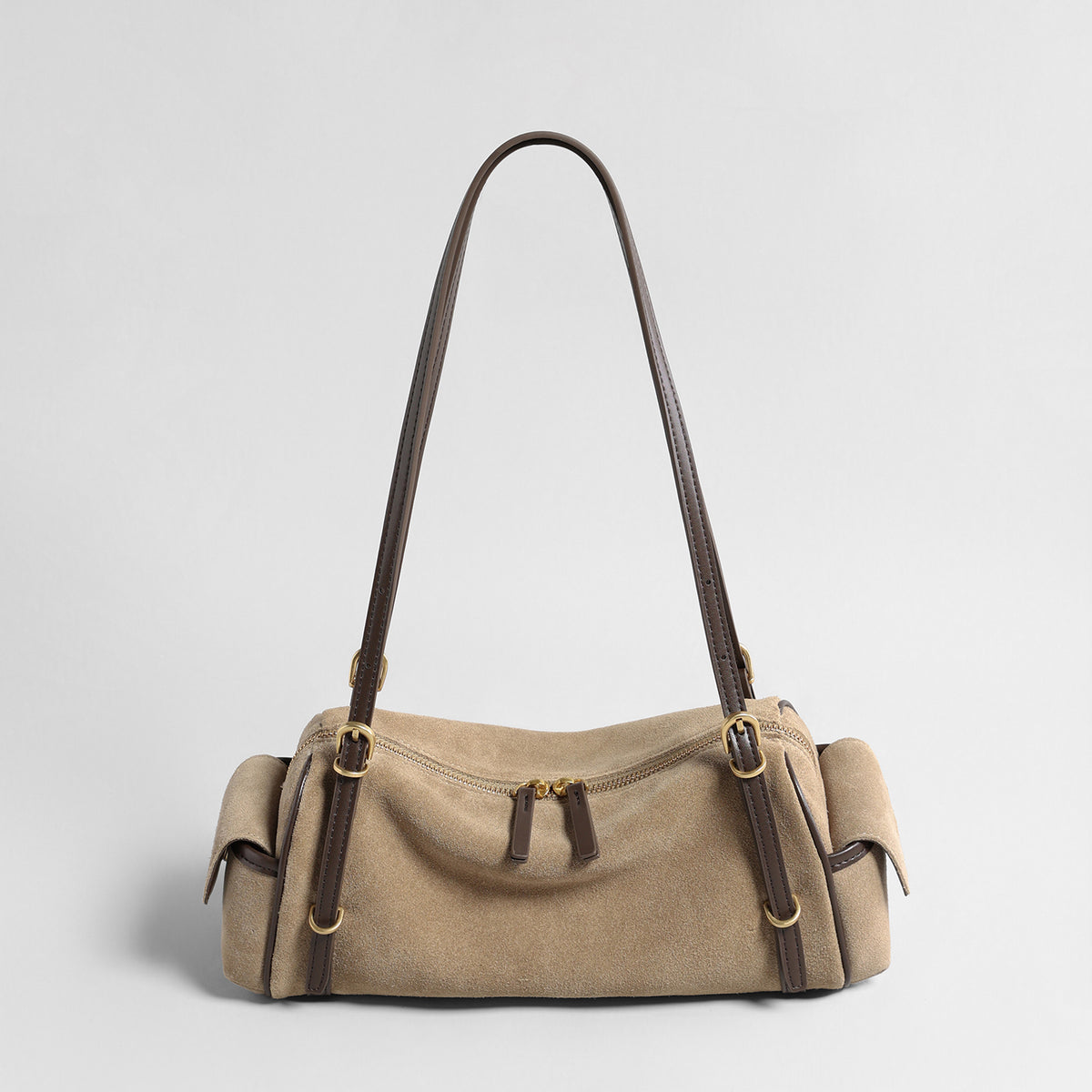Suede East-West Shoulder Bag – Leather Trim Bag with Side Pocket
