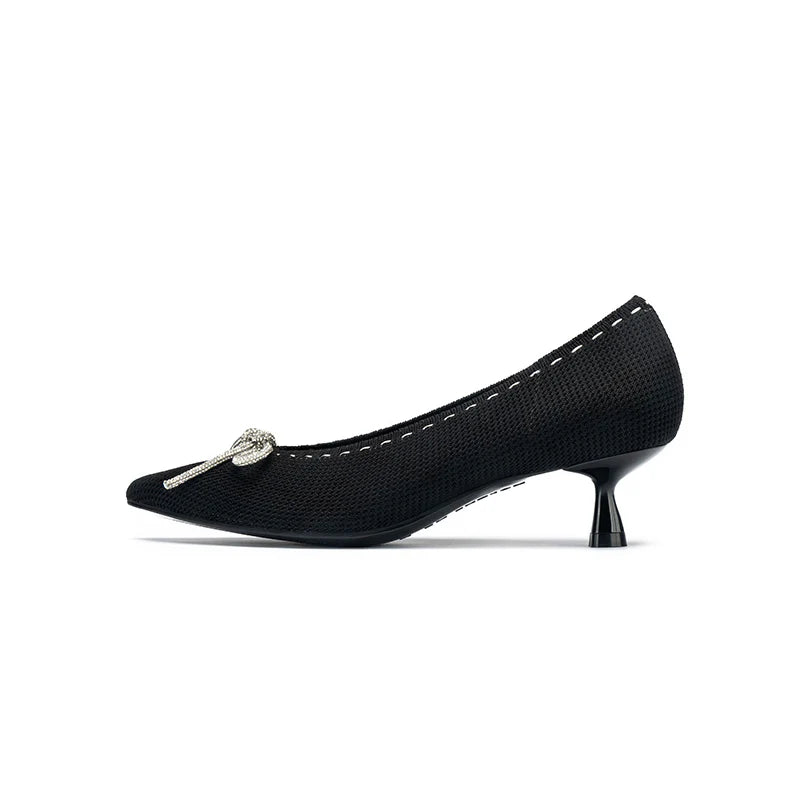 Rhinestone Bow Kitten Heels - Black